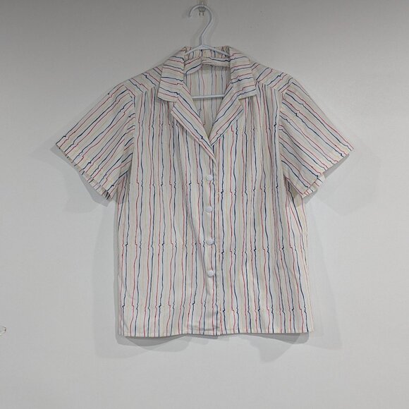 Handmade Vintage Collared Striped Shirt White Red Yellow Blue Size Medium - Picture 1 of 3